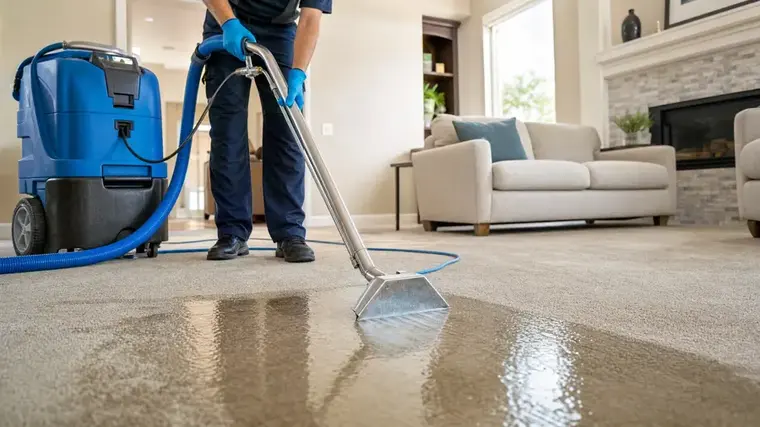 Extraction wand pulling water out of wet carpet during a Flower Mound dry-out