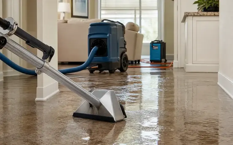 Extraction wand and dehumidifier on a wet hard floor in a Flower Mound home