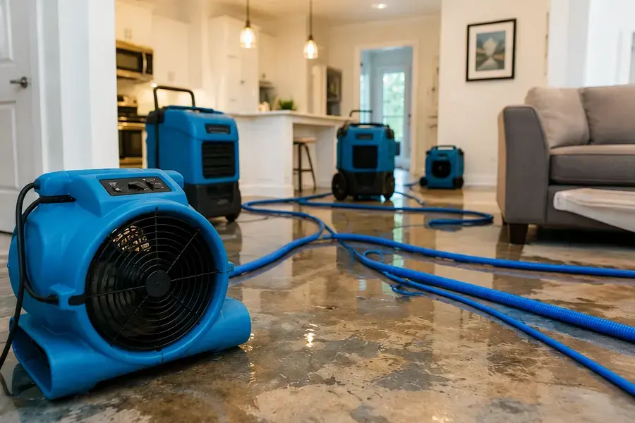 Air movers and dehumidifiers drying a flooded living room and kitchen in a Flower Mound home